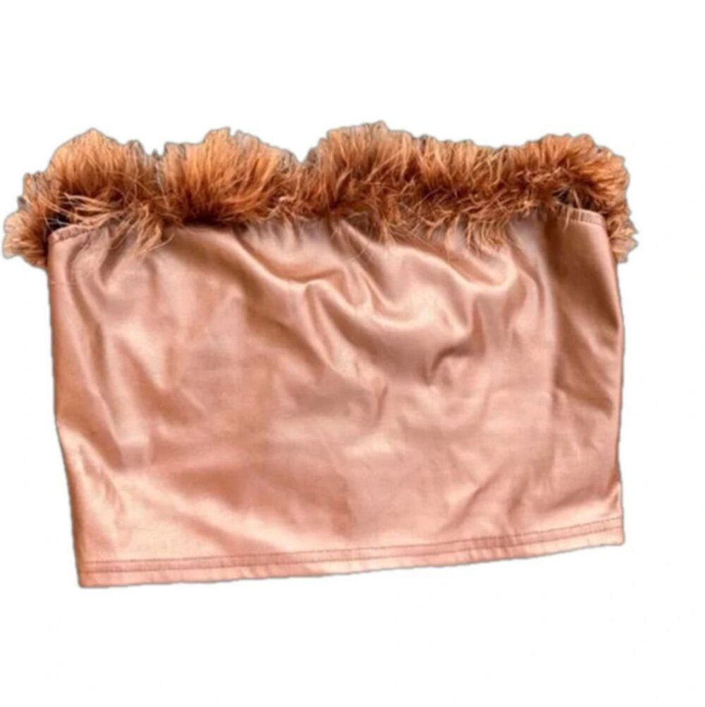 Chocolate Brown Faux Leather Tube Tube Top Medium Strapless Crop top Feathers